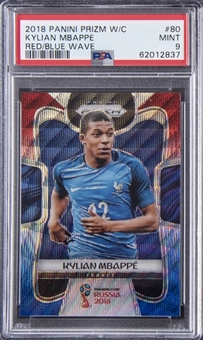 2018 Panini Prizm World Cup Red/Blue Wave #80 Kylian Mbappe Rookie Card - PSA MINT 9